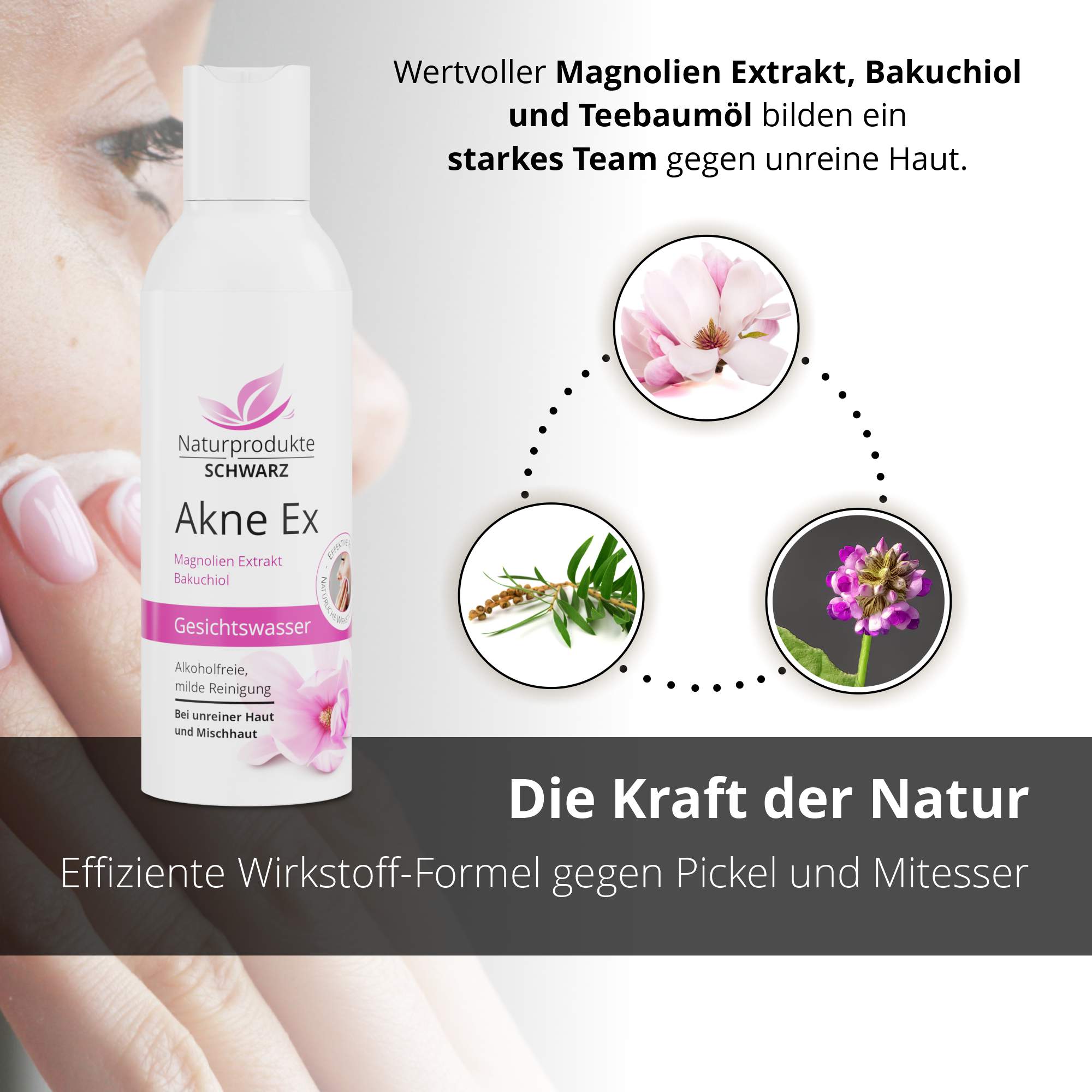 Akne Ex Gesichtswasser - Mit Magnolien Extrakt, Bakuchiol und Teebaumöl - Ohne Alkohol